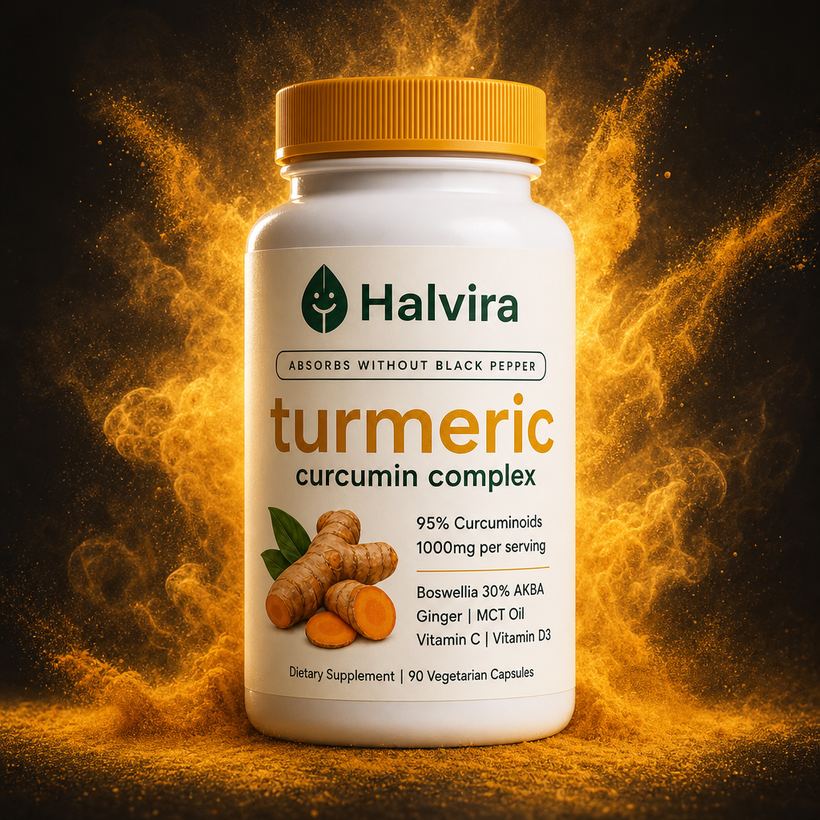 A bottle of Halvira turmeric curcumin complex