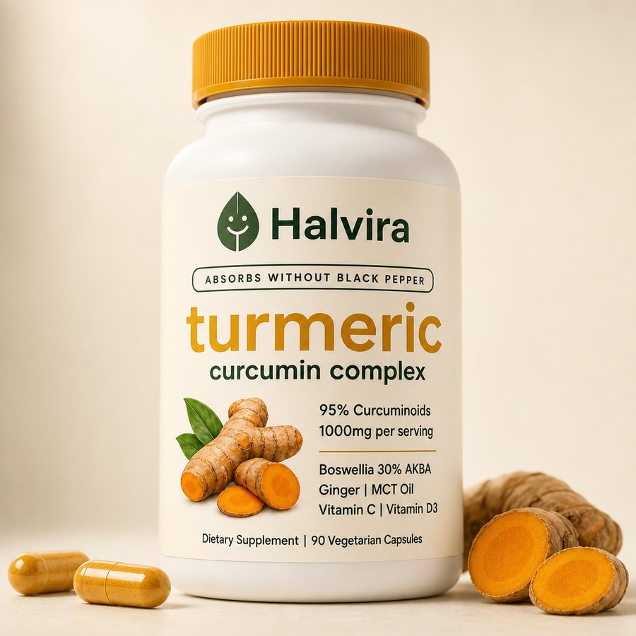 A bottle of Halvira turmeric curcumin complex
