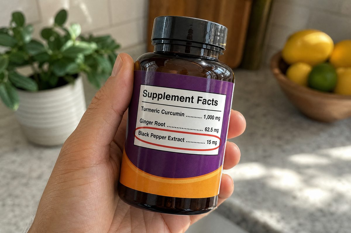 A hand holding a turmeric bottle, the Black Pepper Extract 15 mg line on its Supplement Facts panel circled in red