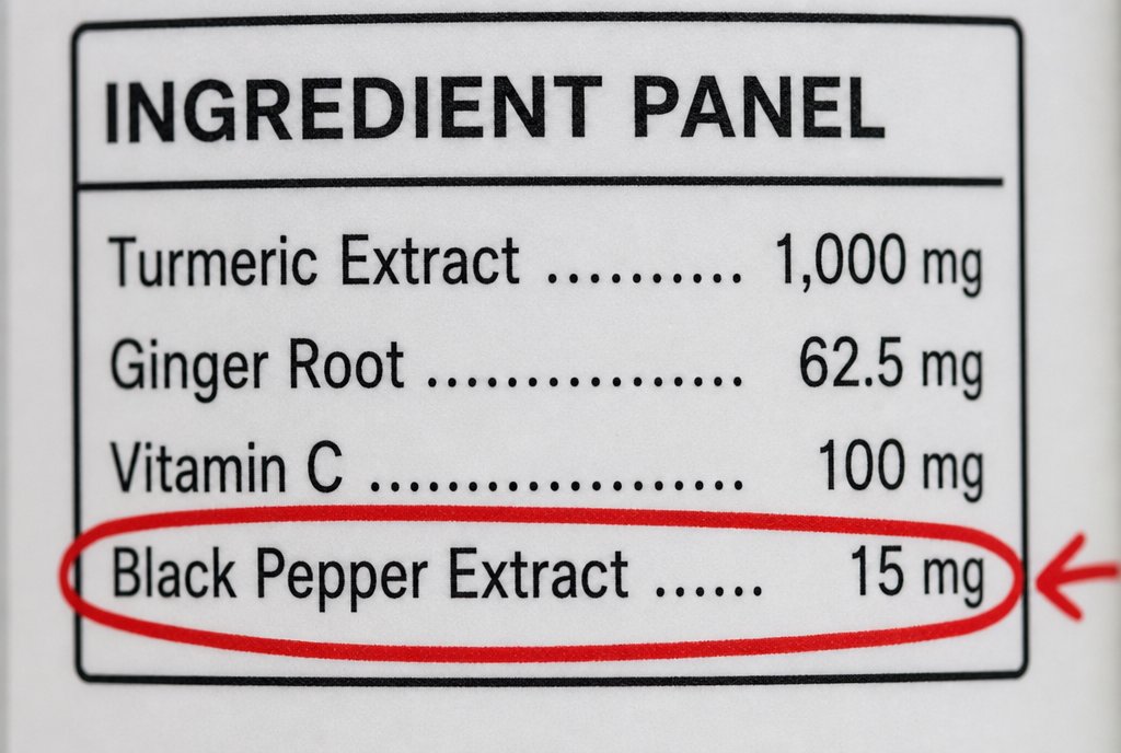 An ingredient panel with the black pepper extract line circled in red