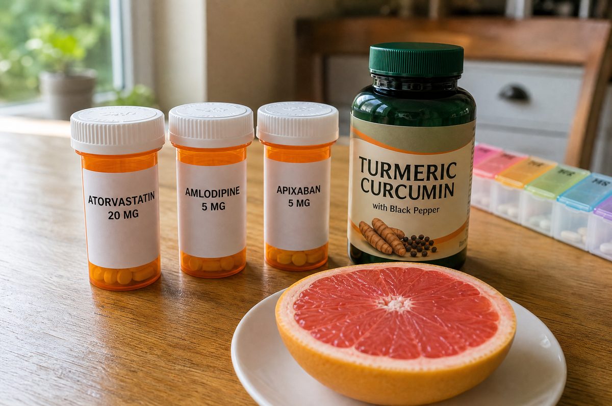 Prescription bottles of atorvastatin, amlodipine and apixaban beside a turmeric with black pepper bottle and a halved grapefruit