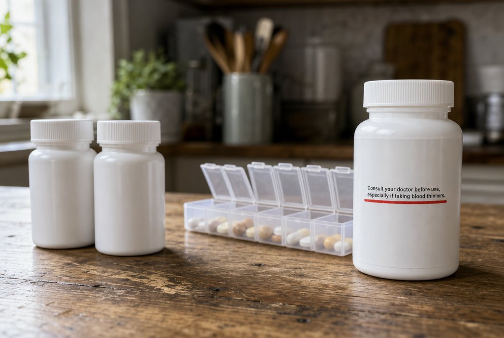 Prescription bottles beside a turmeric bottle with its blood thinner warning underlined