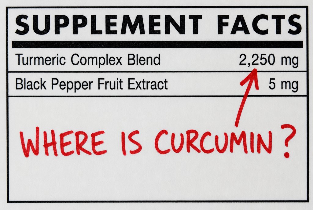 A supplement facts panel showing a combined blend total with no curcumin line