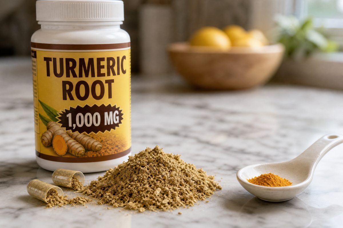 A 1,000mg turmeric root bottle beside a large heap of dull root powder and a small spoonful of bright extract