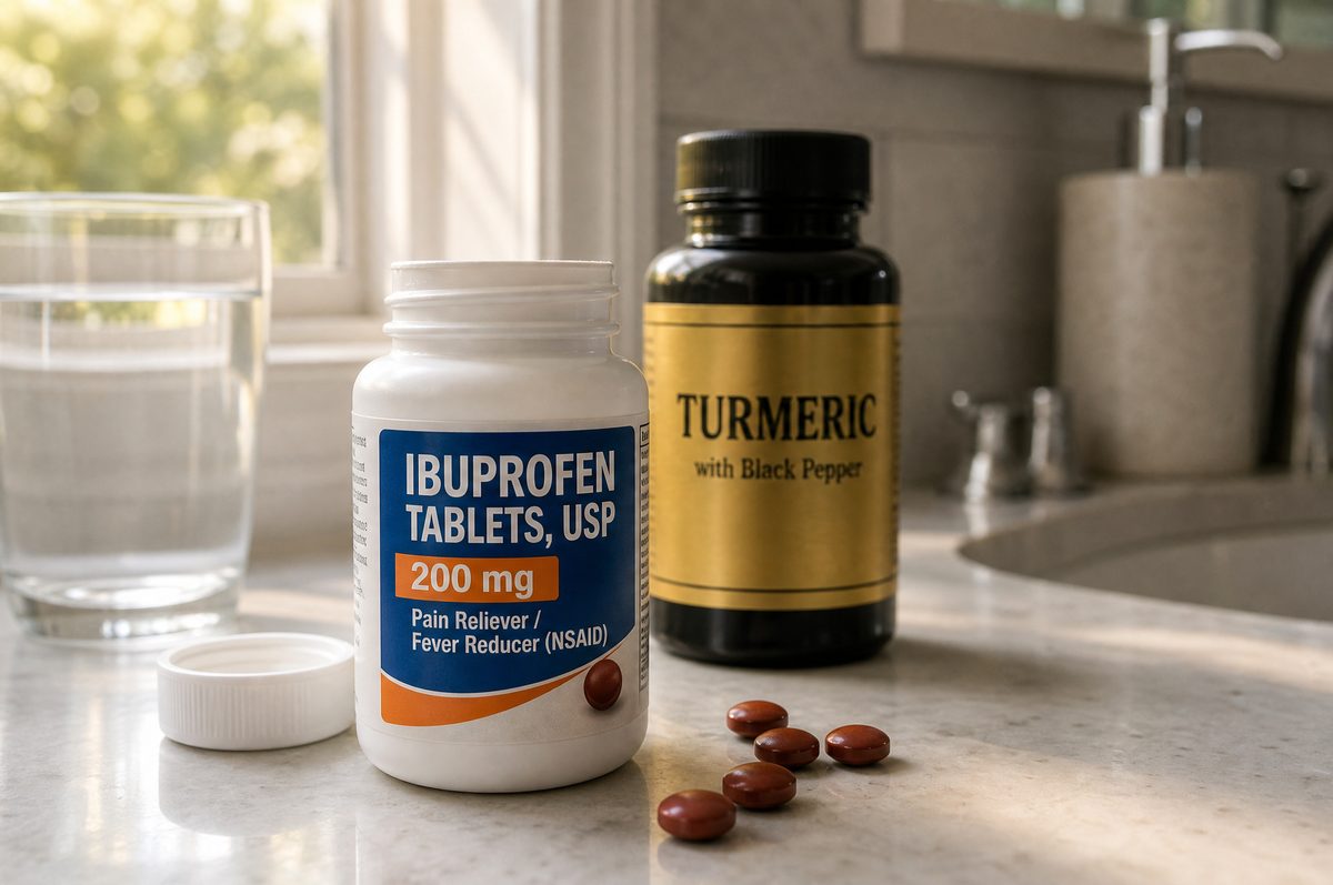 An open bottle of ibuprofen tablets beside a turmeric with black pepper bottle on a bathroom counter