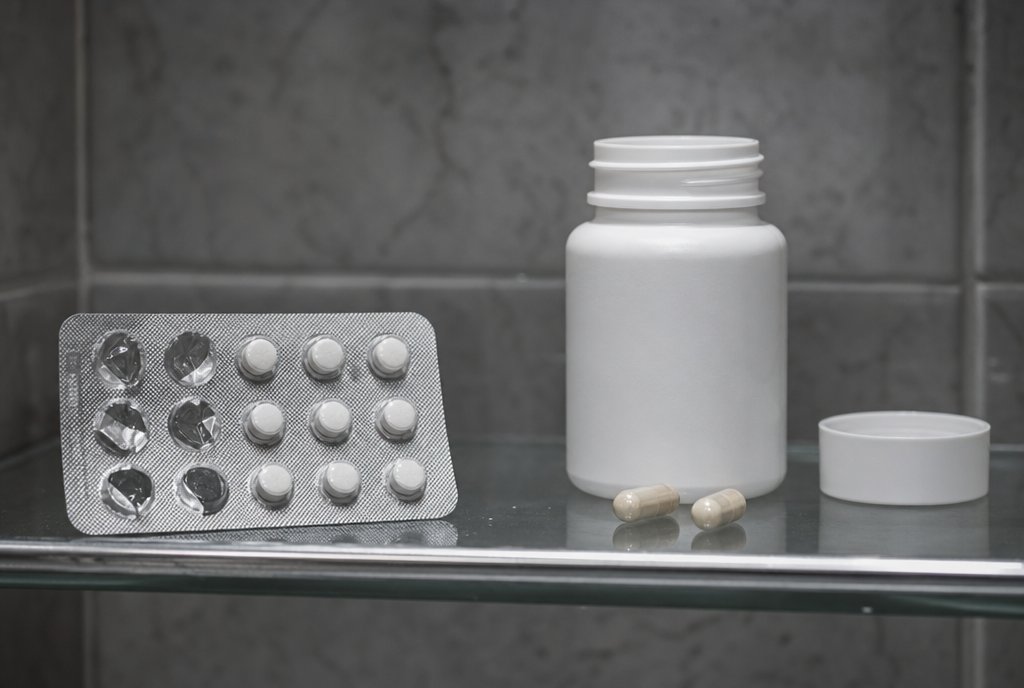 A blister pack of painkillers beside a turmeric bottle