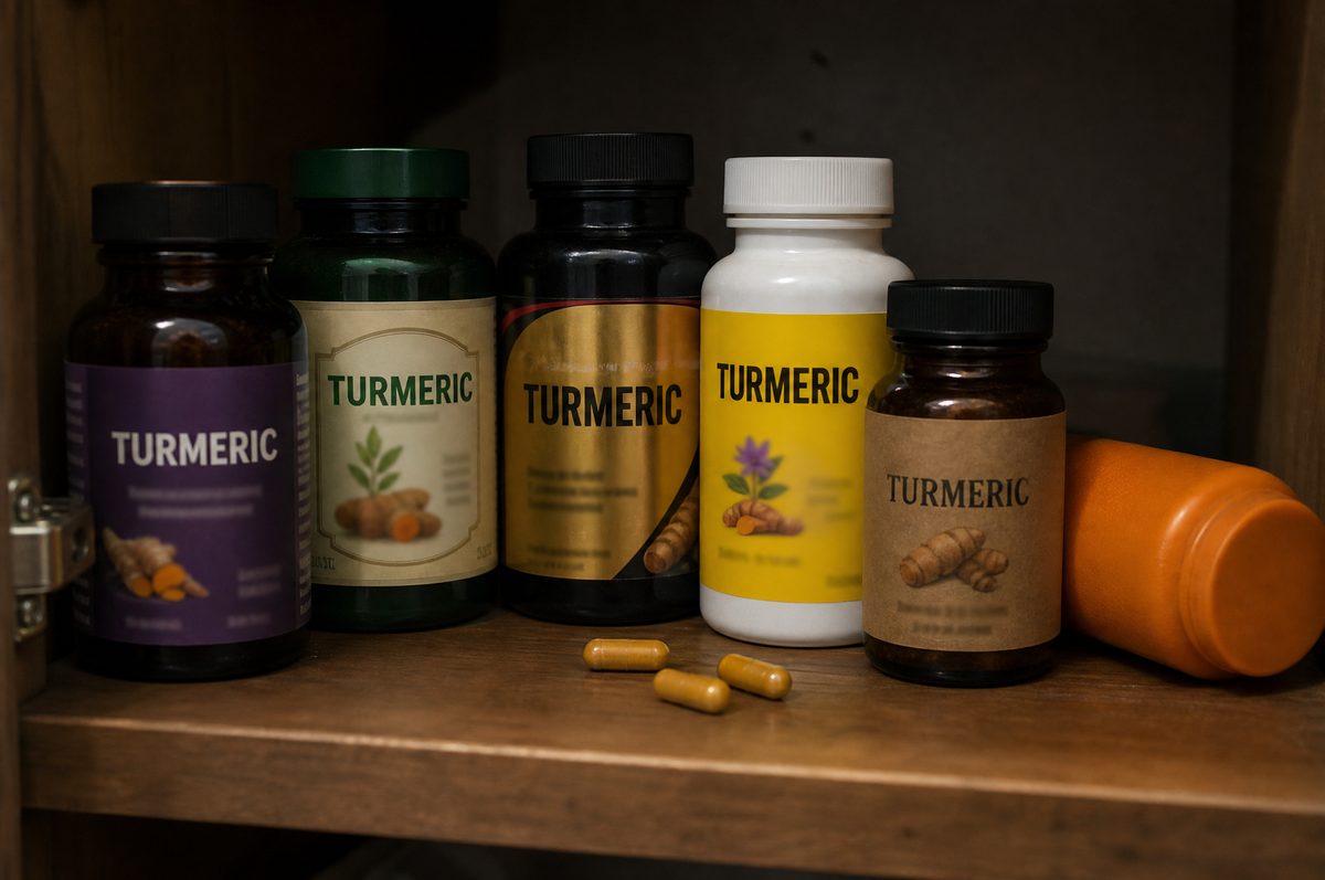 Six half-finished turmeric bottles from different brands on a cupboard shelf